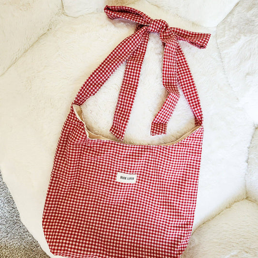 Book Lover Gingham Cotton Tote Bag with Adjustable Strap