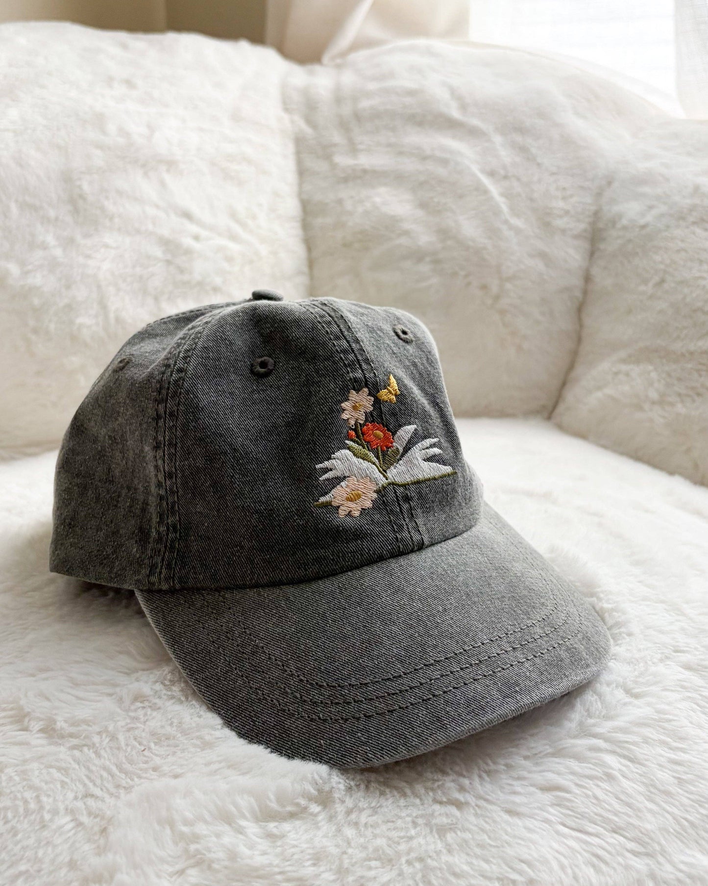 Book and Flowers Embroidered Pigment Dyed Cap