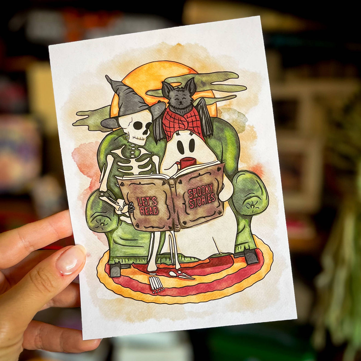 Bookish Halloween Gift Watercolor Print Wall Art Skele Decor