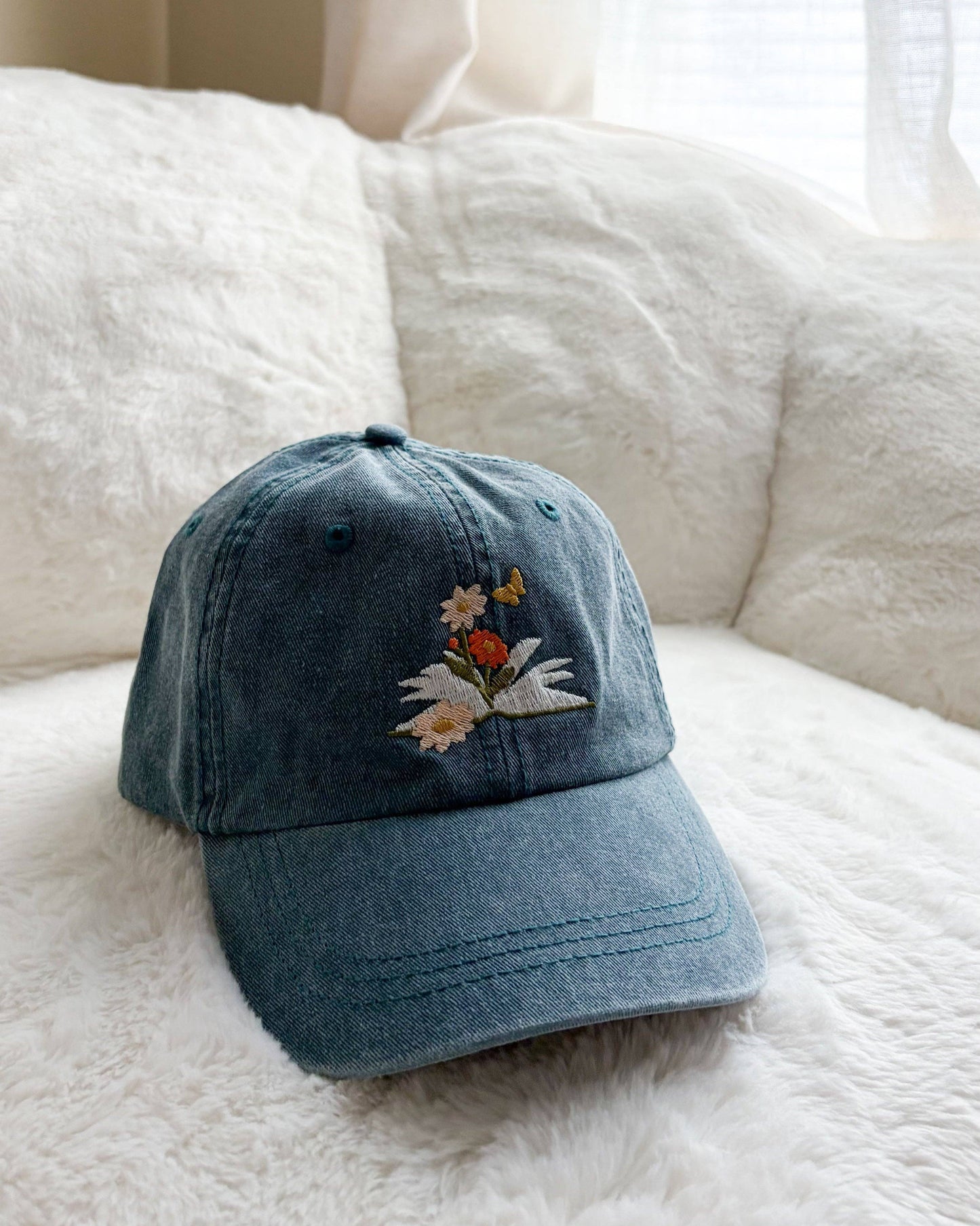 Book and Flowers Embroidered Pigment Dyed Cap