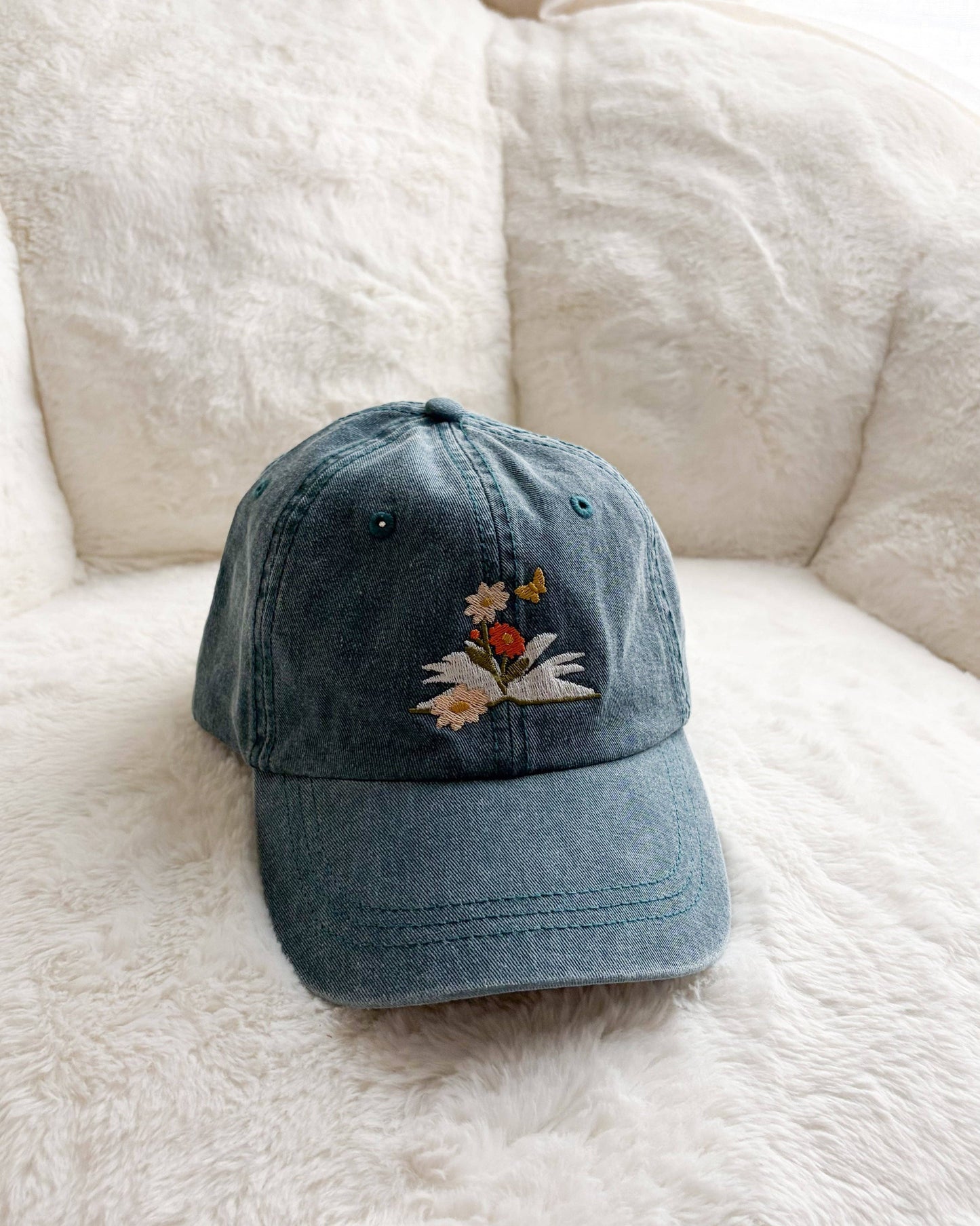 Book and Flowers Embroidered Pigment Dyed Cap