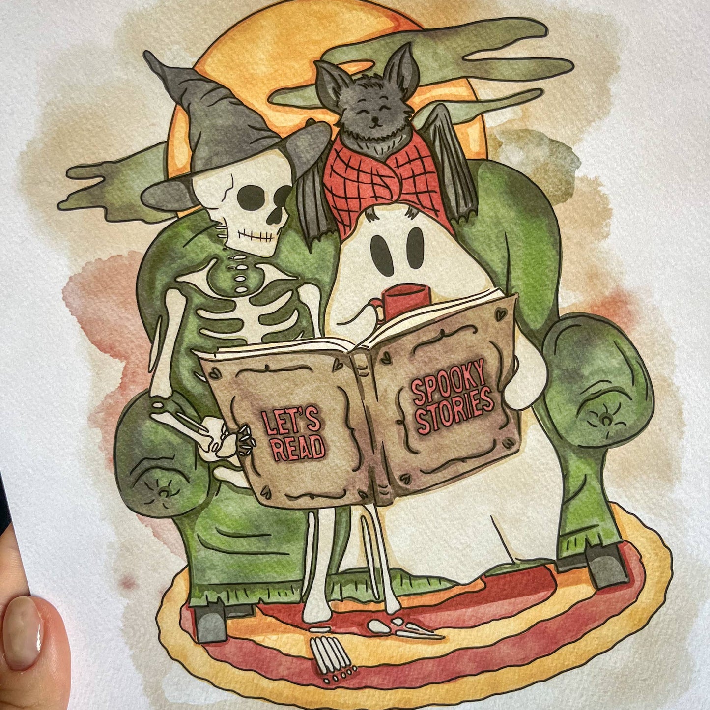 Bookish Halloween Gift Watercolor Print Wall Art Skele Decor