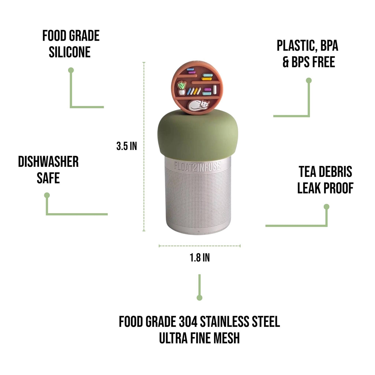 Cat Bookshelf | Floating Tea Infuser | Green base | Brown