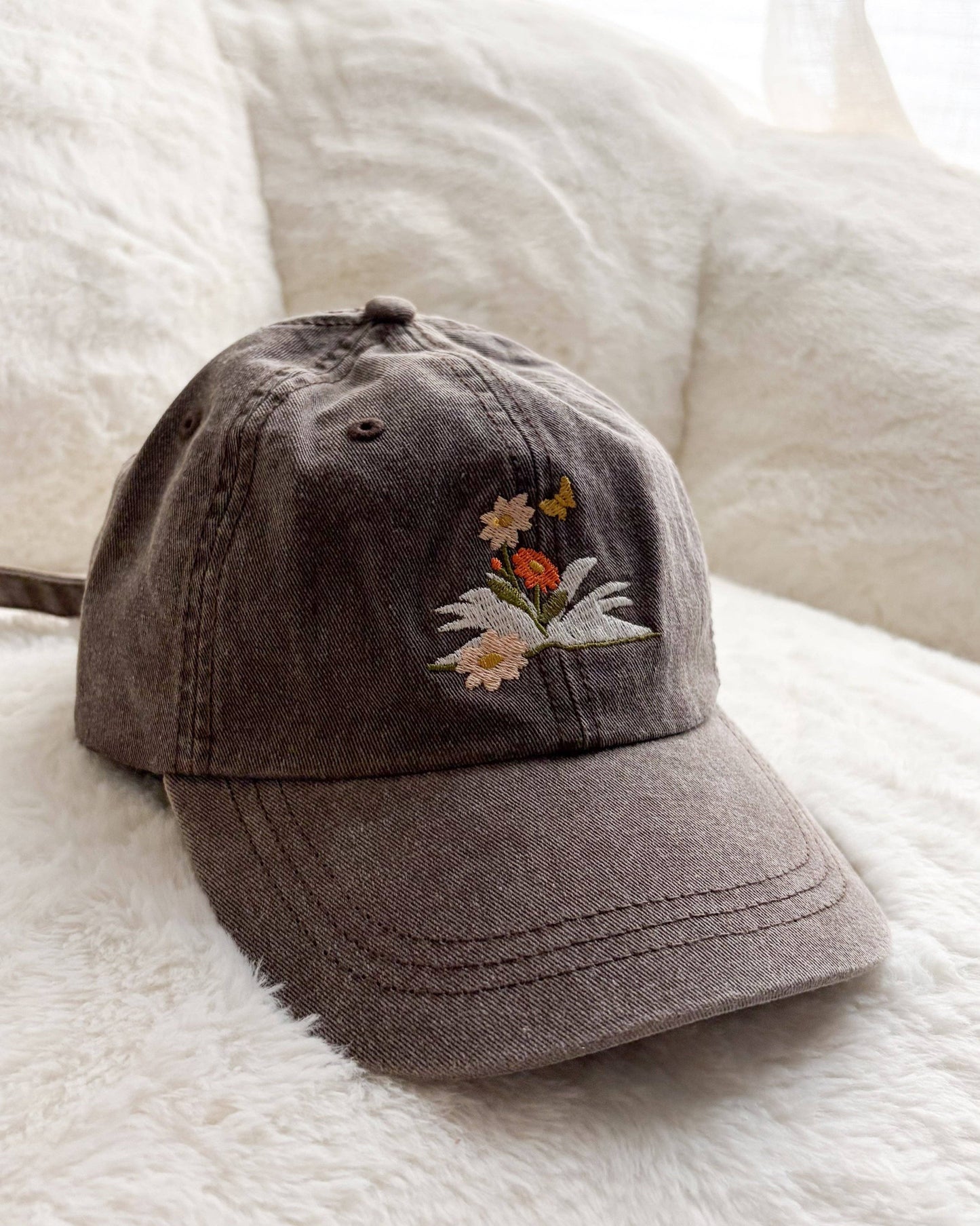 Book and Flowers Embroidered Pigment Dyed Cap
