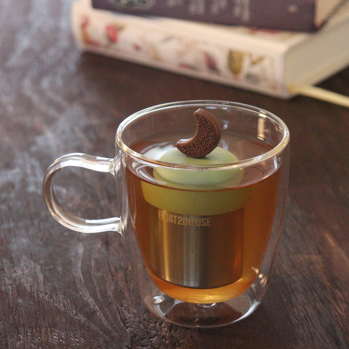 Floating Brown Floral Moon Tea Infuser I Green Base