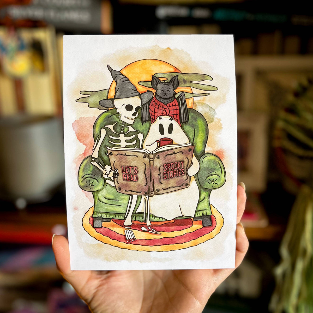 Bookish Halloween Gift Watercolor Print Wall Art Skele Decor