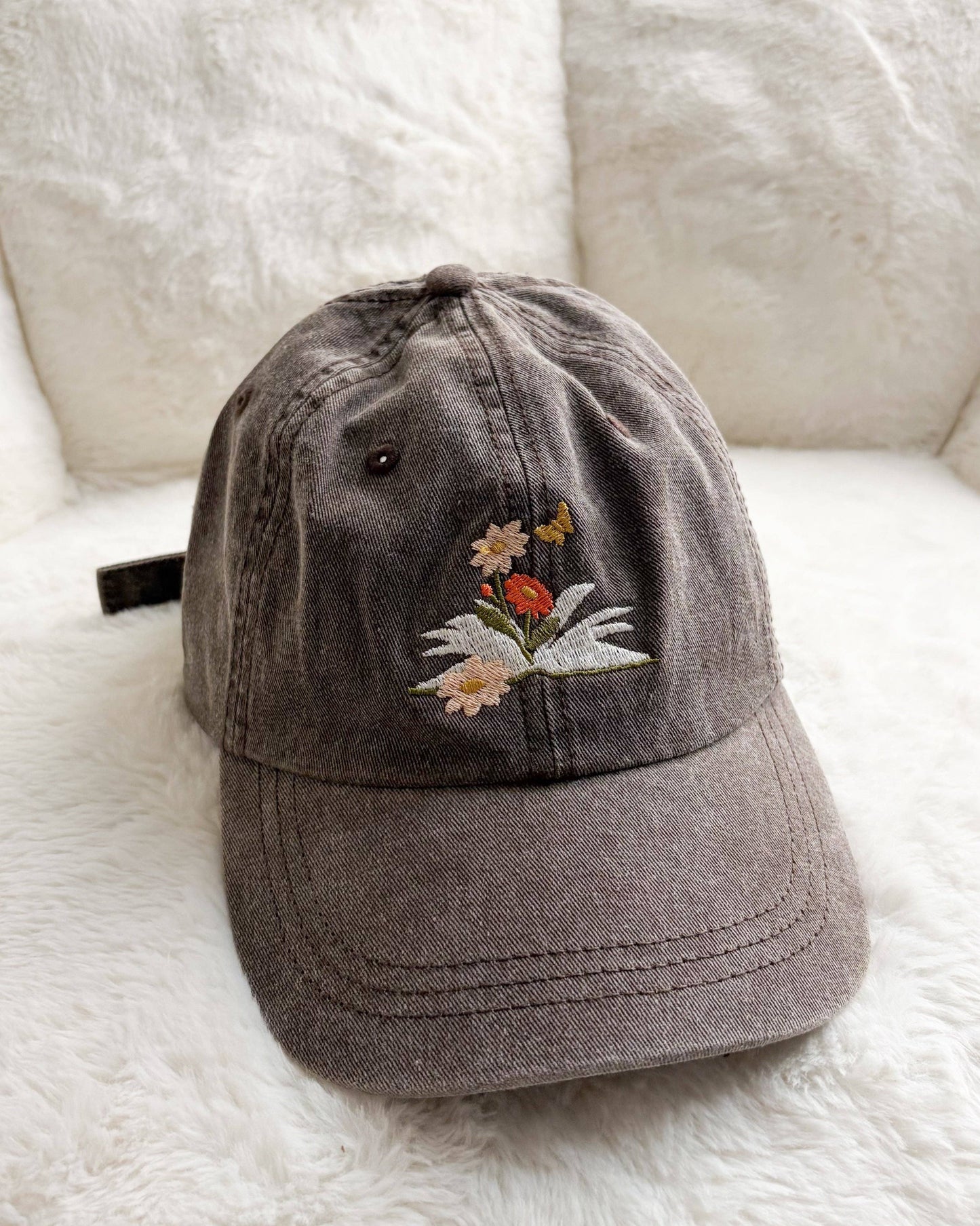 Book and Flowers Embroidered Pigment Dyed Cap