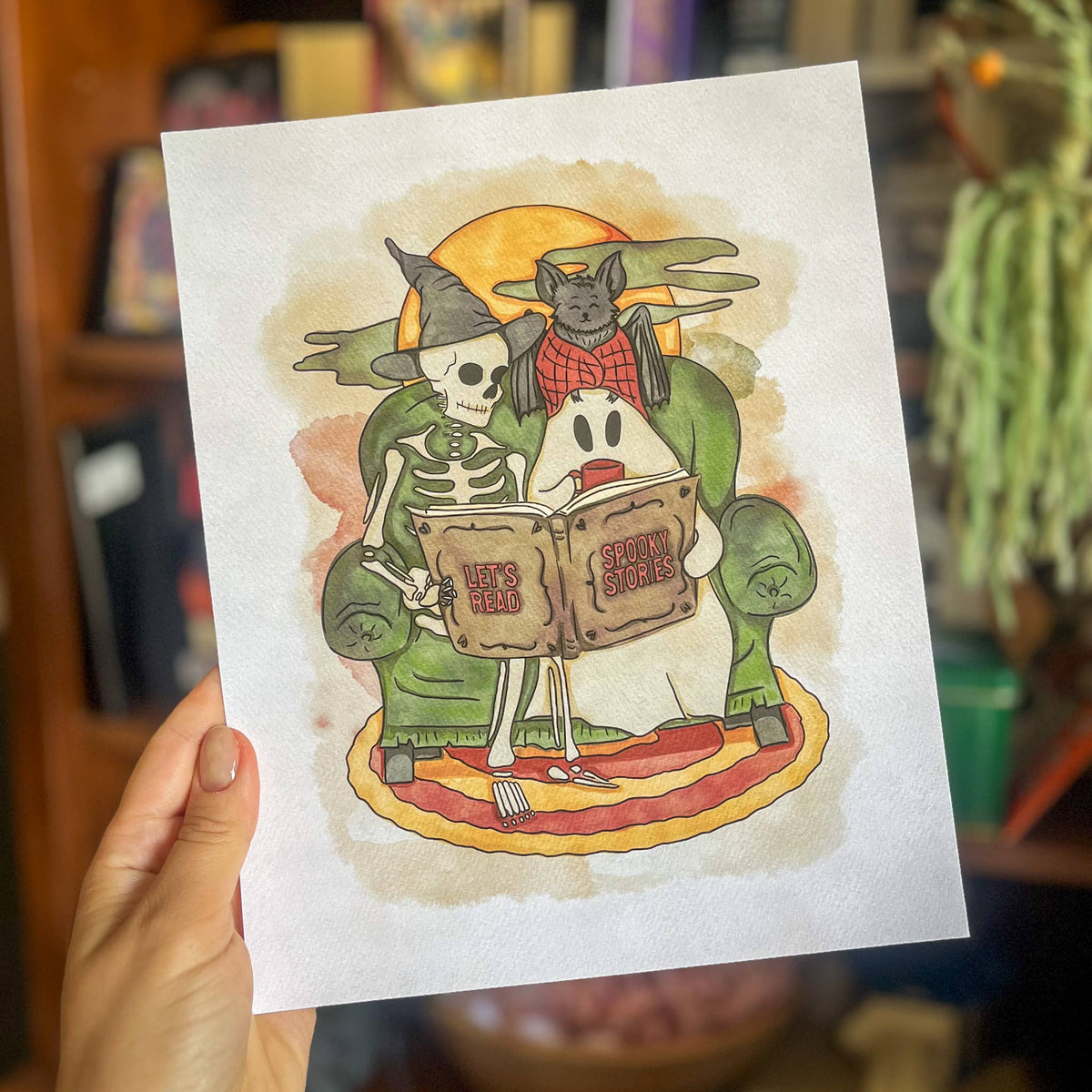 Bookish Halloween Gift Watercolor Print Wall Art Skele Decor