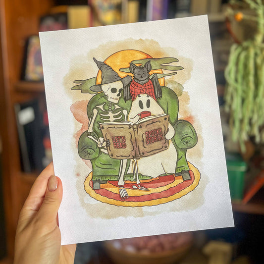 Bookish Halloween Gift Watercolor Print Wall Art Skele Decor