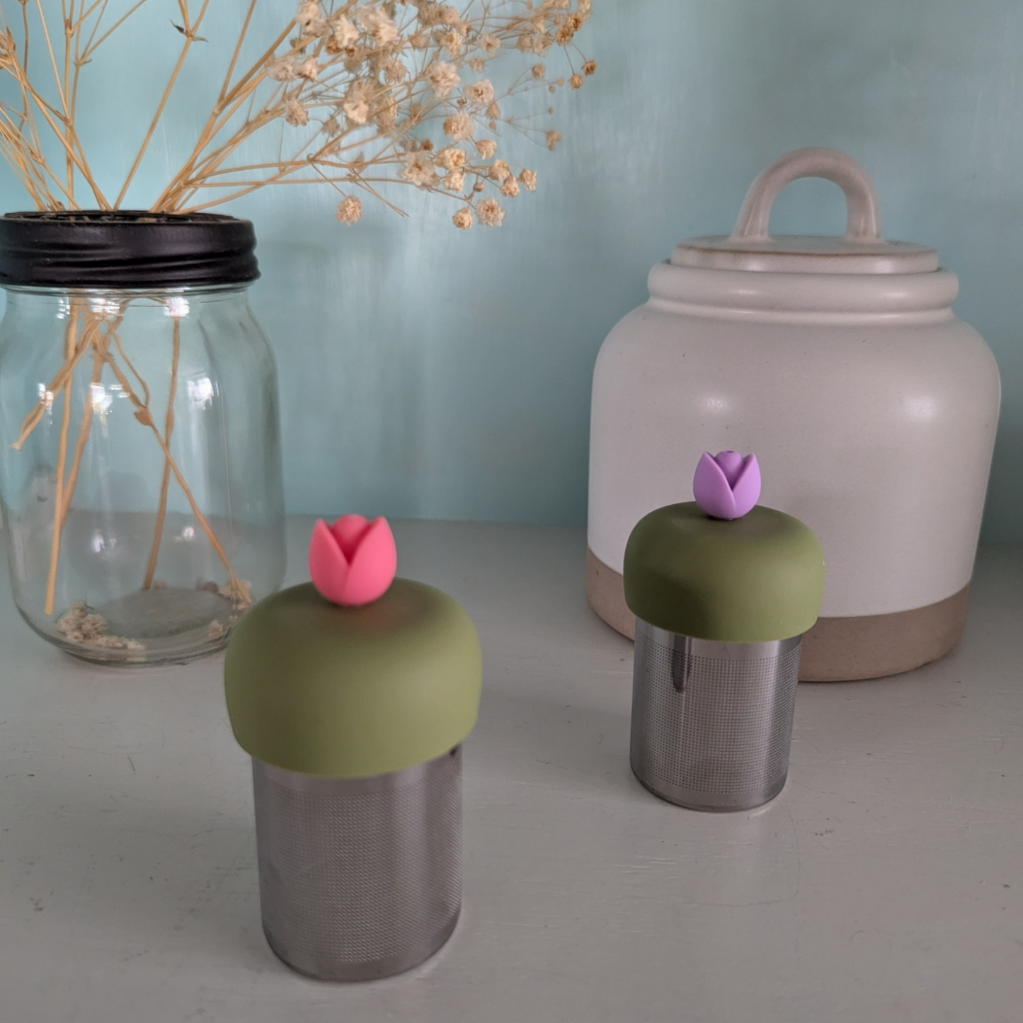 Tulip | Floating Tea Steeper | Green Base | Pink Flower