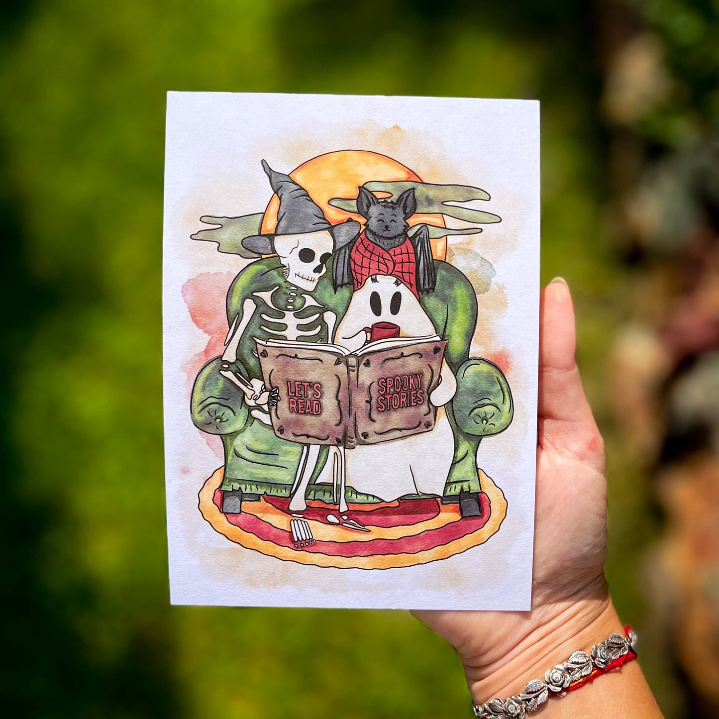Bookish Halloween Gift Watercolor Print Wall Art Skele Decor