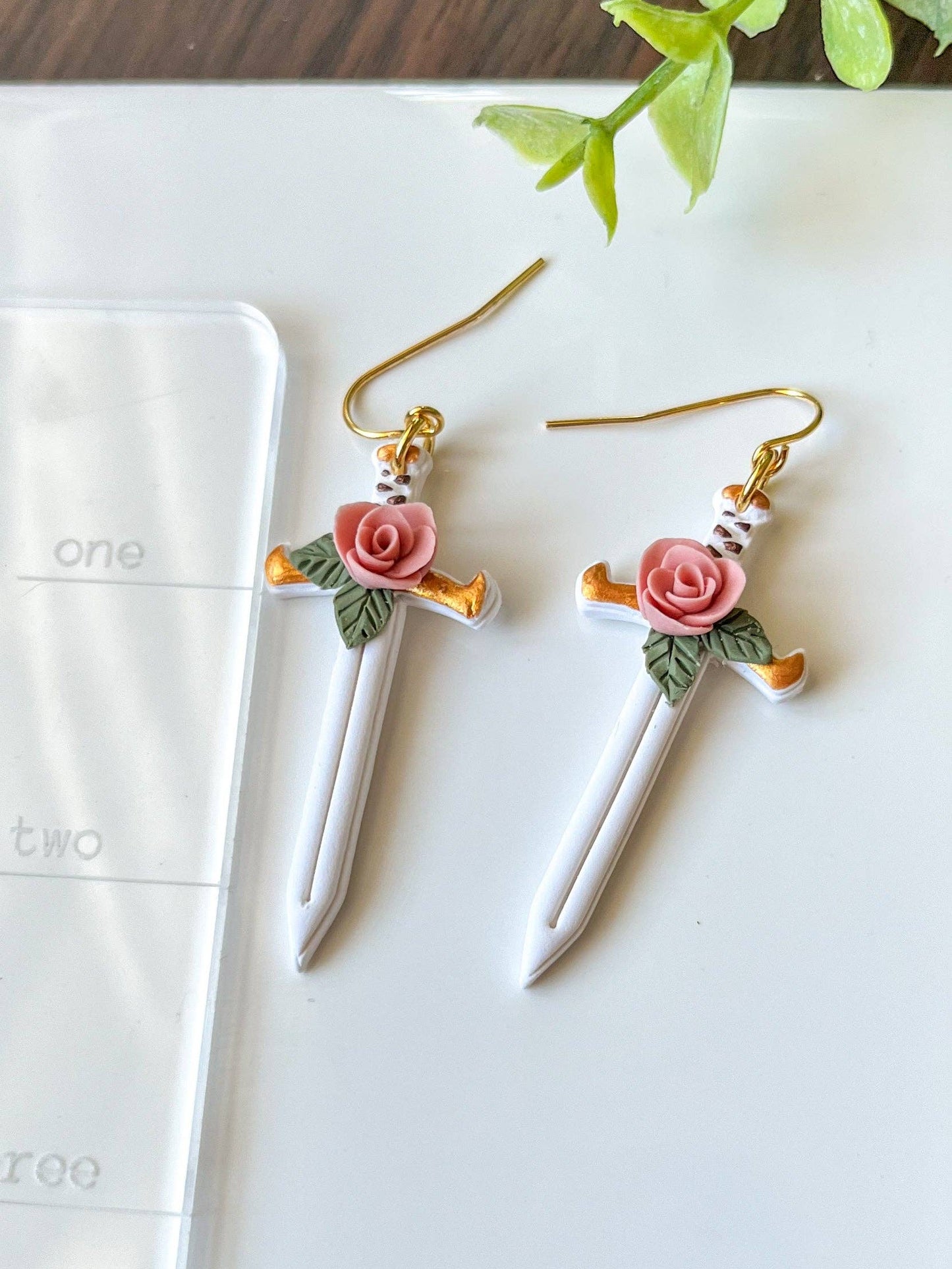 Earrings White sword with pink rose